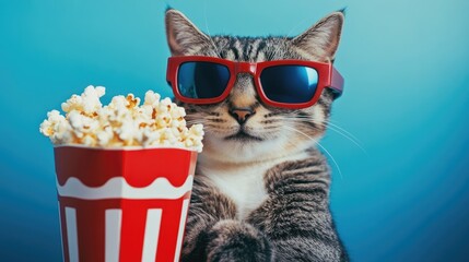 Obraz premium Humorous hipster cat wearing 3D glasses enjoys popcorn and a soda at the cinema against a blue backdrop