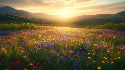 Obraz premium Brilliant Dawn Casting Light on a Colorful Meadow of Wildflowers Capturing the Spirit of Fresh Starts