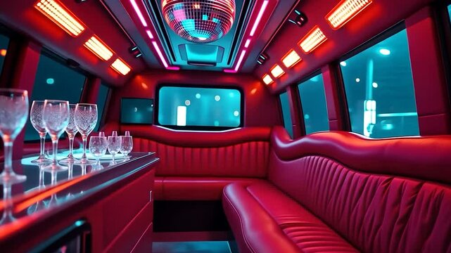 Interior of a Party Bus with Red Leather Seats, Champagne Glasses, and Disco Ball