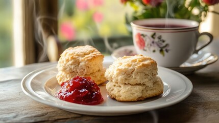 Freshly baked scones served with strawberry jam alongside a steaming cup of tea