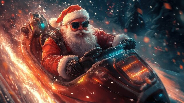 Futuristic Santa Claus riding a sleek high tech sleigh adorned with glowing gadgets and wearing sunglasses with a snarky grin embracing the spirit of Christmas in a modern sci fi setting