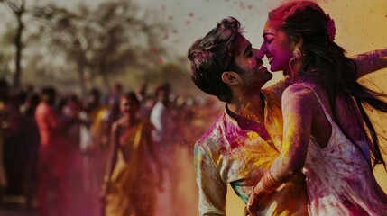 Fototapeta premium Holi festival background, high detail of India suit which a Indian girl and man wear suit to joint holi festival on the road.