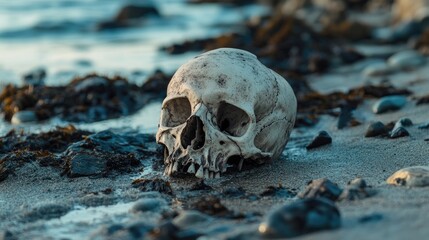 Eerie human skull resting on a unique seashore Remains of skeletal bones found on a deserted island