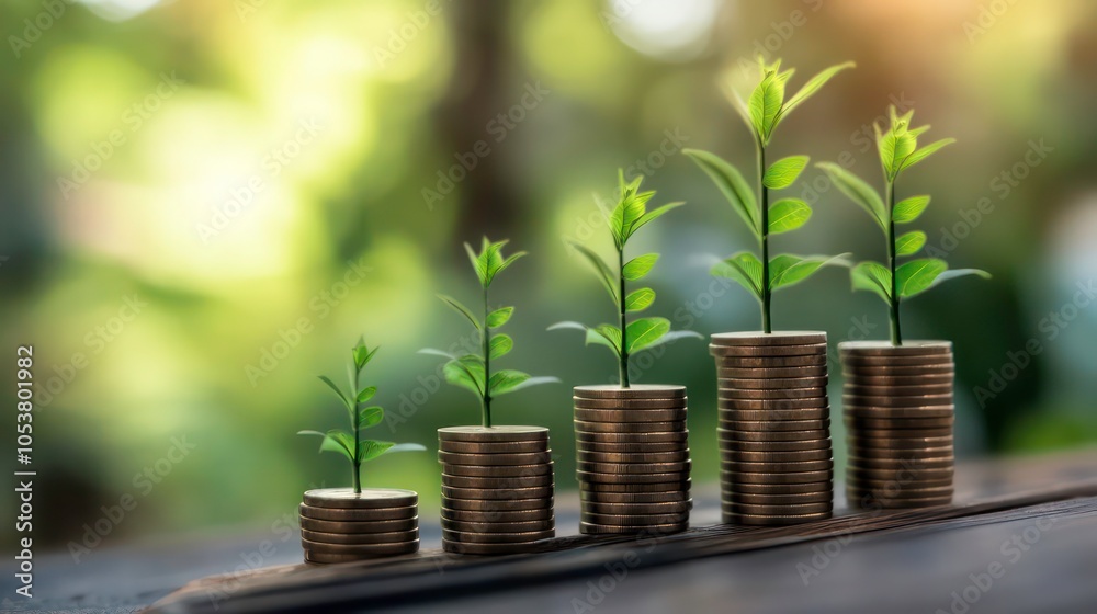 Aufkleber five stacks of coins with a growing plant on top of each, increasing in height from left to right. t