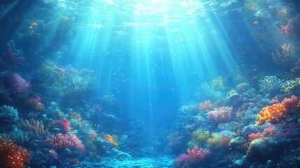 Fototapeta premium Lively coral reefs illuminated by sunlight beams in a deep blue ocean