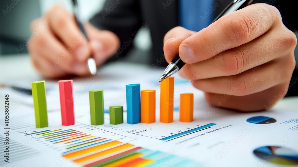 Poster a businessman's hand pointing at a bar chart with a pen.