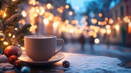 Obraz premium Cozy cup of hot chocolate on a bare table set against a backdrop of festive street lights