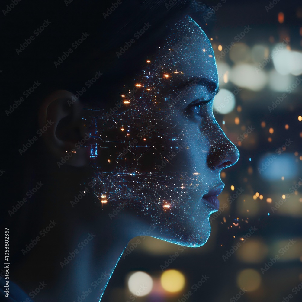 Poster a digital representation of a woman's profile with a galaxy of data and lights.