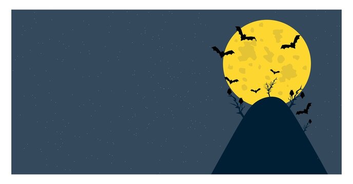 Illustration of a mountain background at night with many bats flying above the trees during the full moon in October