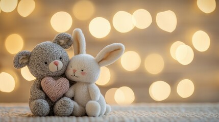 Fototapeta premium Teddy Bear And Rabbit Dolls Acting As Lover Hugging Each Other To Watch Heart Shape Bokeh Light Background That Have Space For Text