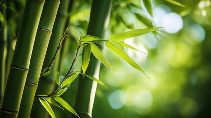 Close-up of Green Bamboo Stalks and Leaves in a Forest