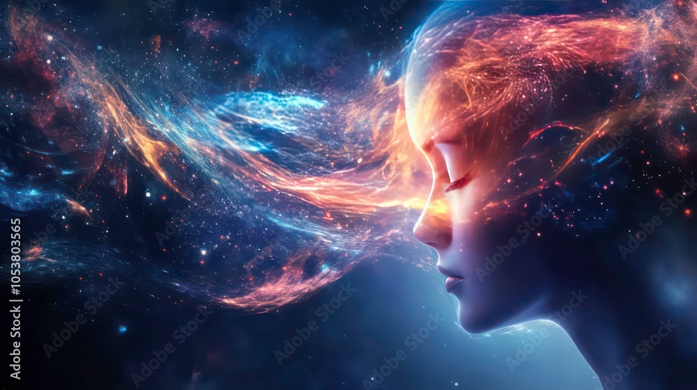 Poster a serene figure with a cosmic background, symbolizing introspection and the universe.