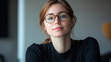 Fototapeta premium Scholarly woman with glasses and thoughtful expression