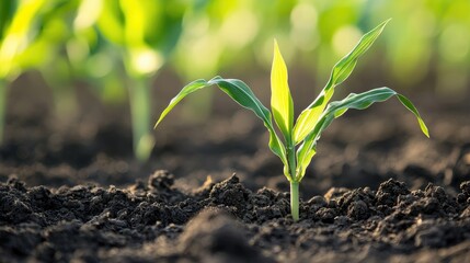High quality image of an individual corn seedling emerging from soil featuring a clean background for various applications