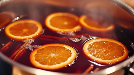Close up of traditional mulled wine simmering in a pot featuring orange slices and a blend of aromatic spices in a vertical layout