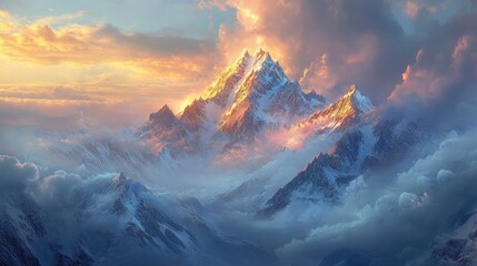 Golden and jade like peaks surrounded by snow covered mountains and soft clouds