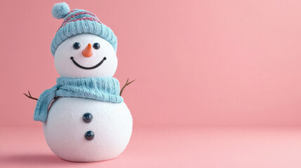 A snowman with a blue hat and scarf is smiling. The snowman is standing on a pink background