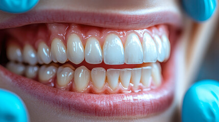 Close-up of smiling face with healthy, aligned teeth for dental hygiene concepts.