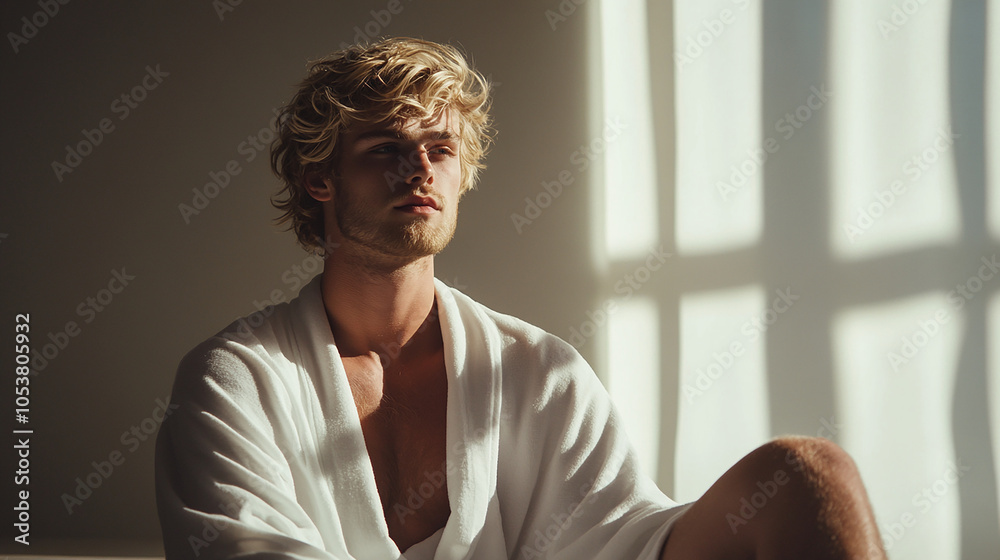 Wall mural Serene blond man wearing a white robe