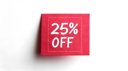 White '25% OFF' Text on a Red Square Paper Note. White Background with Copy Space