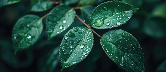 Rose Leaves After Rain With Big And Small Clear Water Drops Close Up