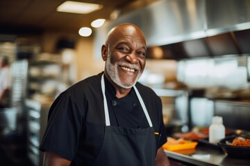 Obraz premium Smiling portrait of a senior chef working in kitchen