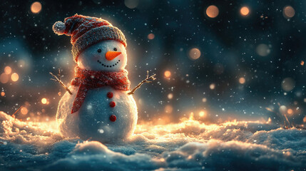 Obraz premium A snowman with a red scarf and a hat is standing in the snow. The scene is set in a wintery landscape, with the snowman being the main focus. Concept of warmth and cheerfulness