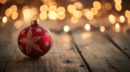 Christmas ornament on a wooden table with a blurred lights backdrop and ample space for text