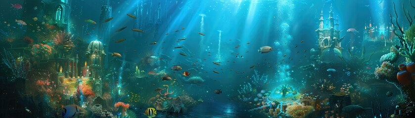 Obraz premium A bustling underwater city at the edge of a volcanic thermal vent
