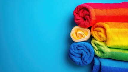 Brightly colored microfiber towels arranged neatly on a pastel blue surface for creative design opportunities