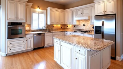 Fototapeta premium A modern kitchen with white cabinetry, granite countertops, stainless steel appliances, and a spacious layout illuminated by natural light.