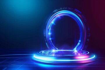 Podium light hologram tech technology background portal circle cyberpunk effect digital. Game element podium hologram light blue hud vector 3d future futuristic data concept neon vr fi abstract cyber.