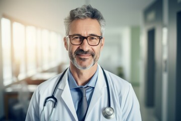 Smiling portrait of a middle aged Caucasian male doctor in hospital