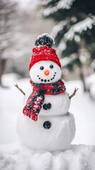 A snowman with a red hat and scarf is smiling. The snowman is standing in the snow, and the scene is set in a wintery environment