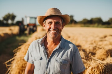 Fototapeta premium Smiling portrait of a middle aged Caucasian male farmer on field
