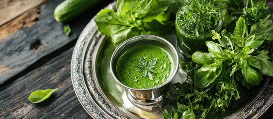 Silver Plate Full Of Veggies And Spring Herbs Ingredients For Green Healthy Juicing
