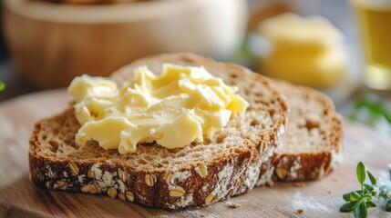 Wholesome and tasty whole grain bread spread with butter