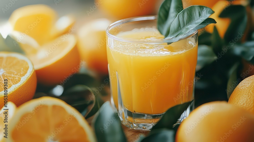 Poster a glass of fresh orange juice with a garnish of orange leaves and slices of oranges surrounding it.