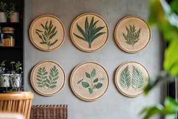 4 small, round, handmade wall decorations made of natural materials with abstract plant and sun shapes in yellow, orange, red, and black on a light grey background