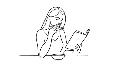 Girl read book and eating continuous line art drawing isolated on white background. Beautiful lady outline. Vector illustration	