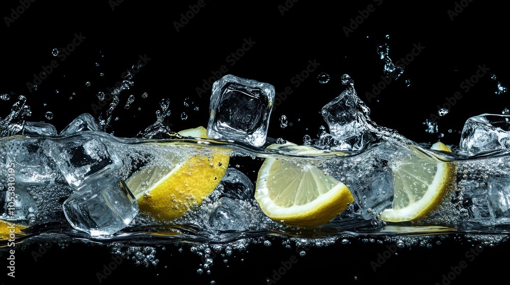 Poster fresh lemon slices and ice cubes splashing in water against a black background.