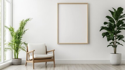 Vertical blank frame for wall art mockup in a contemporary Scandinavian living space featuring a white chair and green houseplant
