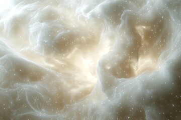 Abstract swirling white and gold cloud with bright center.