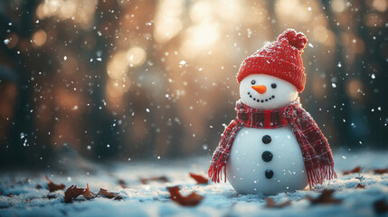 A snowman with a red hat and scarf stands in the snow. The snowman is smiling, and the scene is bright and cheerful