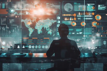 Silhouette of person analyzing global data on futuristic digital interface screens.