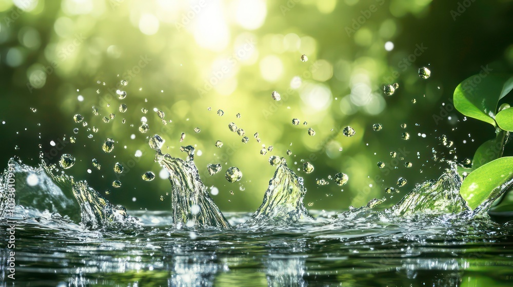 Poster A serene image of water droplets splashing in a lush, green environment.
