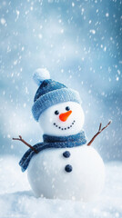 A snowman with a blue hat and scarf is standing in the snow. The snow is falling around him, creating a wintery atmosphere