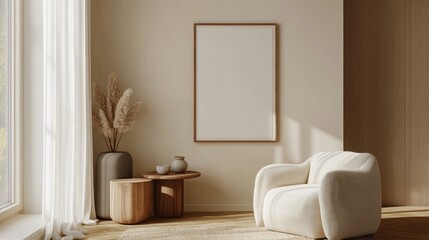Fototapeta premium Chic arrangement featuring a poster in a brown frame alongside minimalistic decor elements