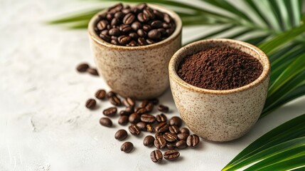 Ceramic cups filled with roasted coffee beans alongside freshly ground aromatic coffee set against a light backdrop with green palm leaves