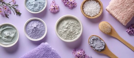 Spa Massage Clay Powder Face Masks Bath Salt Towel Shea Butter On Purple Table Background